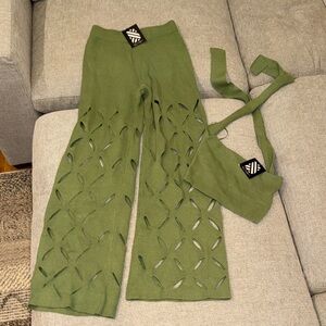NWT! Olive Green Wide-Leg Knit Jumpsuit with Cutout Detail